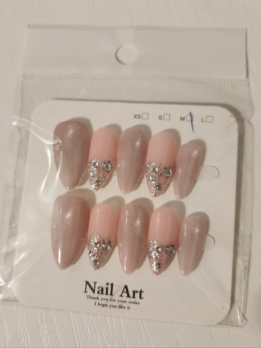Nail Art Press-On Set Pink and Champagne with Glitter, Star, Rhinestone Accents